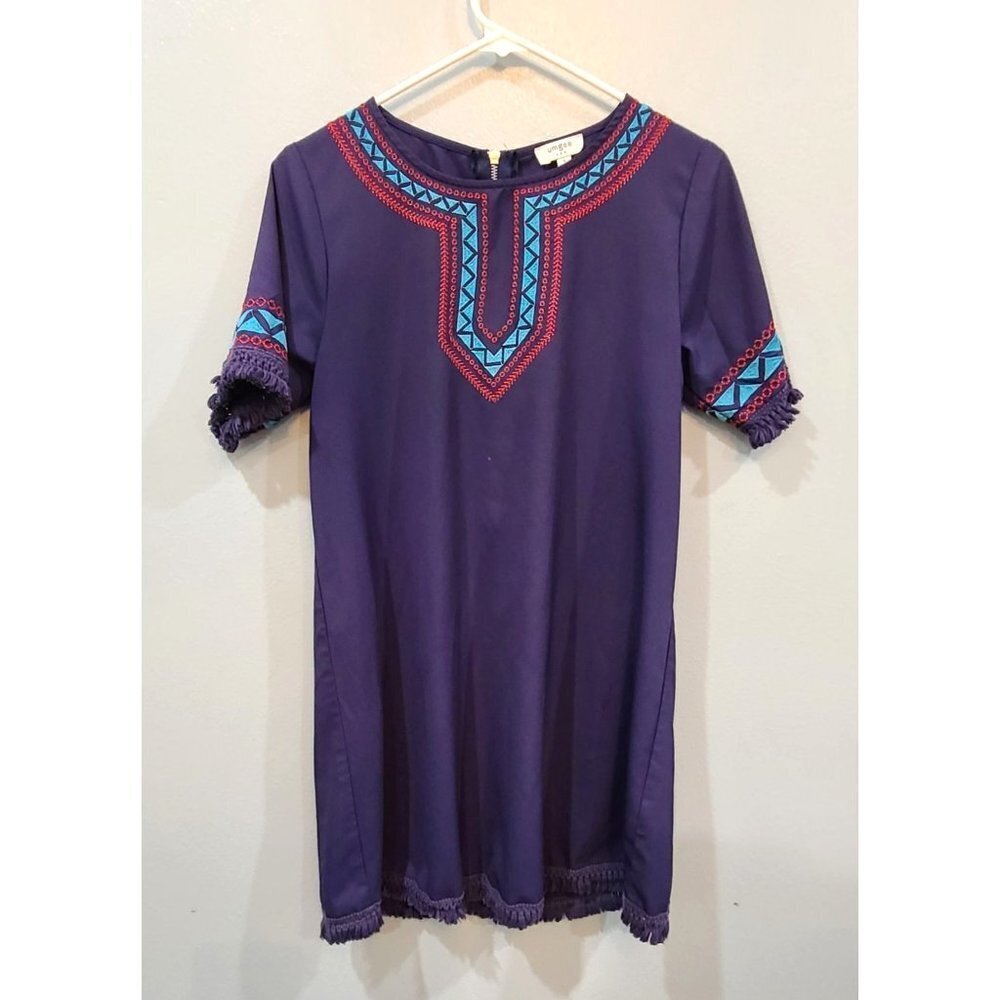 Umgee Dress Women's Small Navy Blue Embroidered Boxy Western Mini Boho Casual